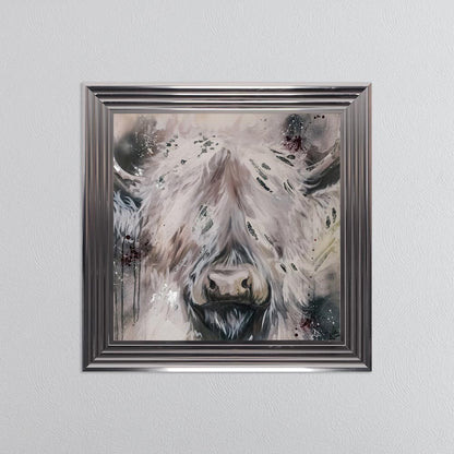 White Highland Cow with Silver Foil Embellishment - Framed Wall Art