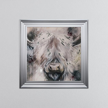 White Highland Cow with Silver Foil Embellishment - Framed Wall Art