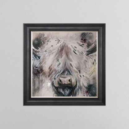 White Highland Cow with Silver Foil Embellishment - Framed Wall Art
