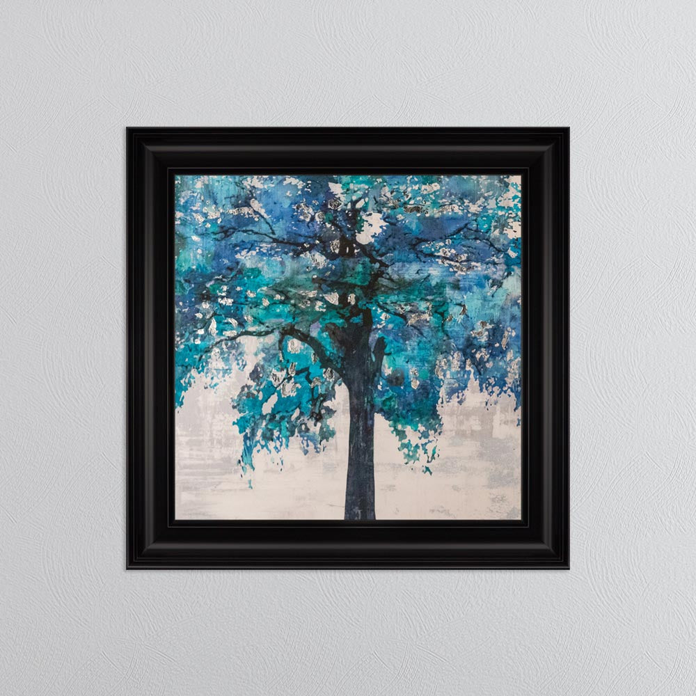Solo Blue Tree with Silver Foil Embellishment - Framed Wall Art