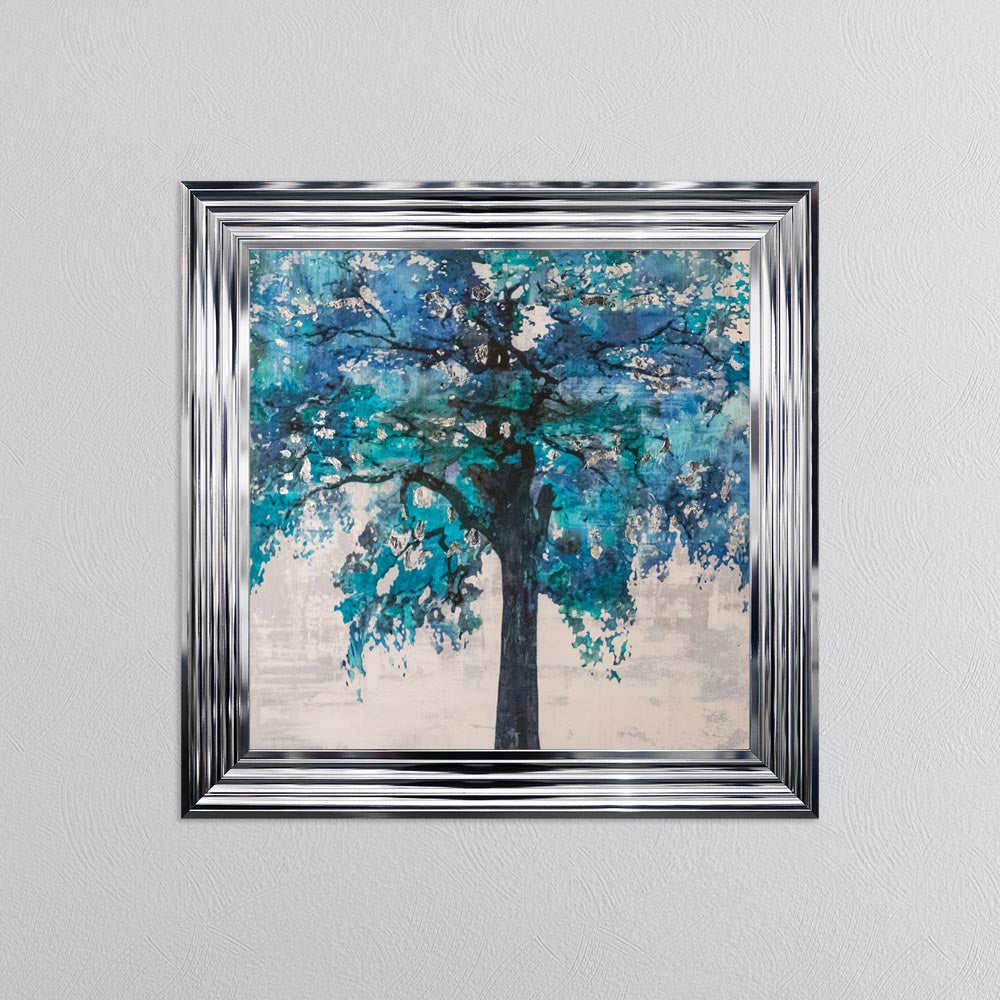Solo Blue Tree with Silver Foil Embellishment - Framed Wall Art