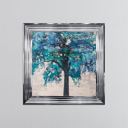 Solo Blue Tree with Silver Foil Embellishment - Framed Wall Art