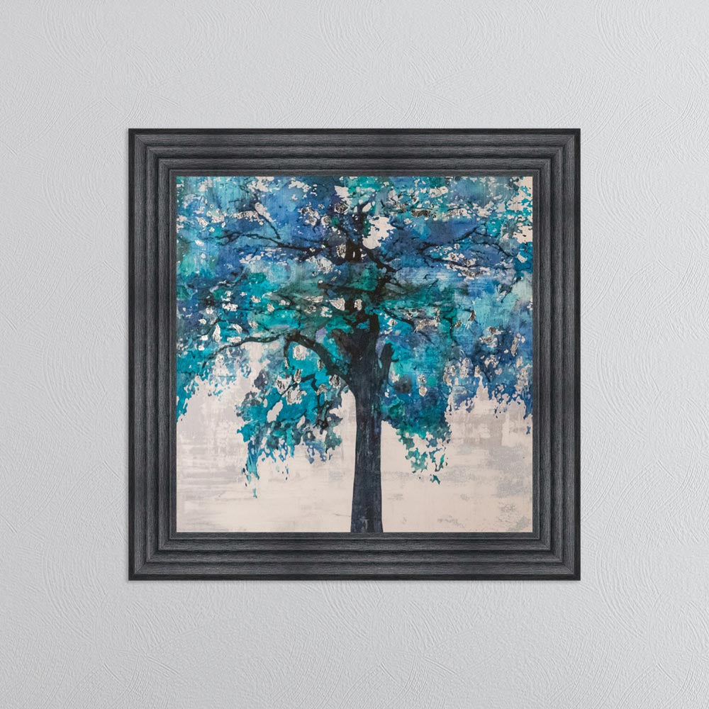 Solo Blue Tree with Silver Foil Embellishment - Framed Wall Art