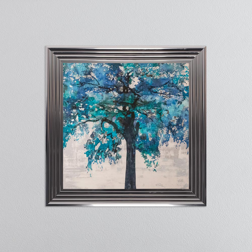 Solo Blue Tree with Silver Foil Embellishment - Framed Wall Art