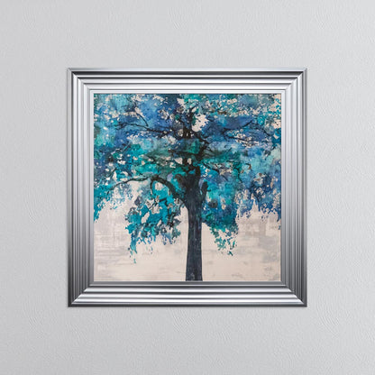 Solo Blue Tree with Silver Foil Embellishment - Framed Wall Art