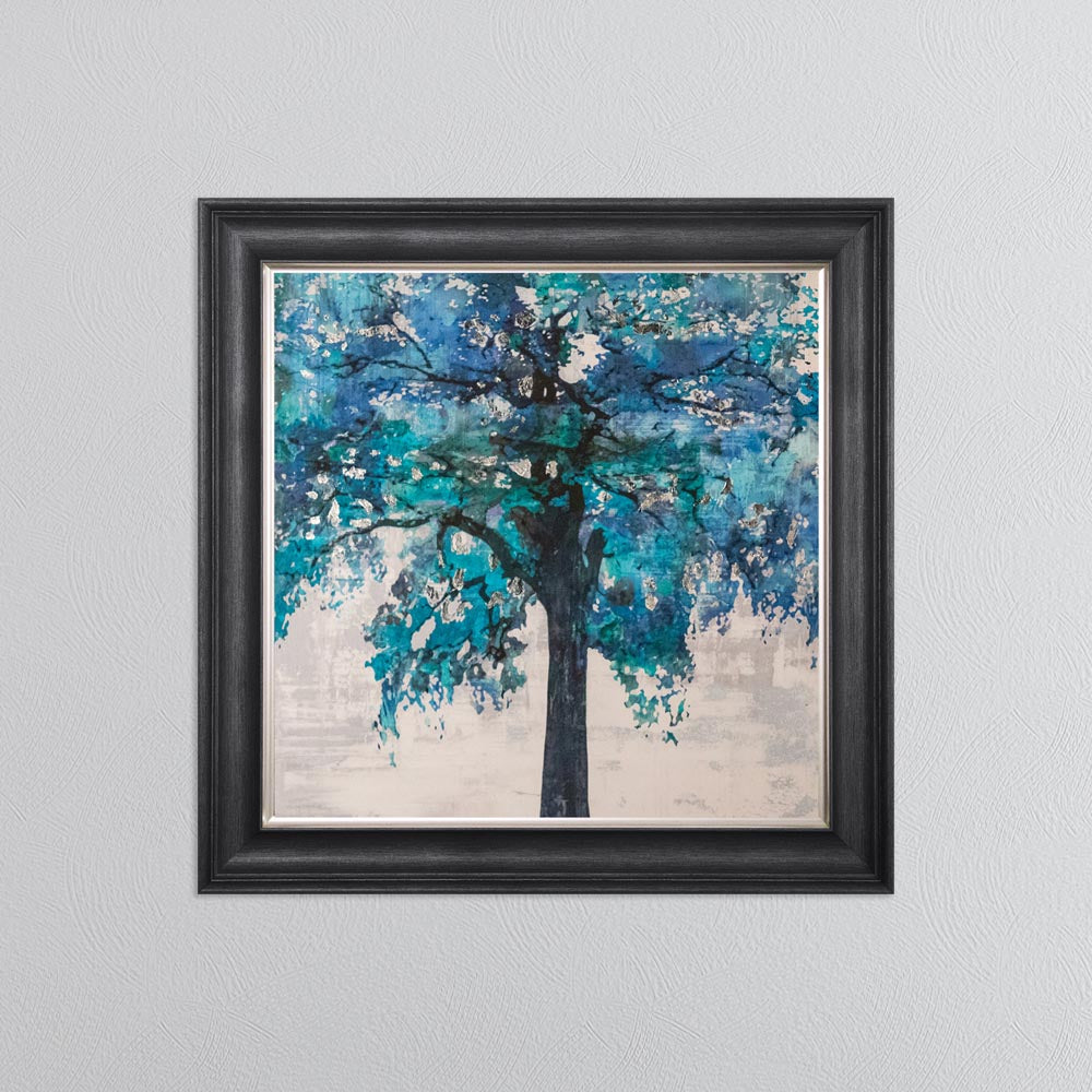 Solo Blue Tree with Silver Foil Embellishment - Framed Wall Art