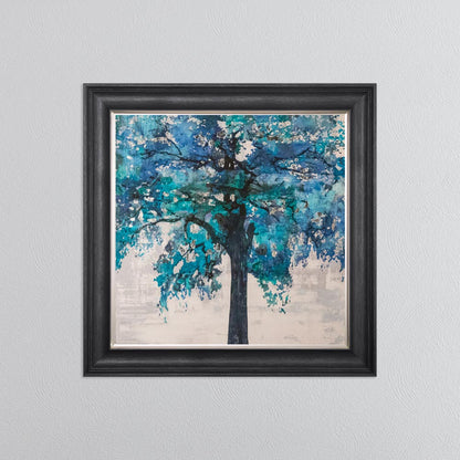 Solo Blue Tree with Silver Foil Embellishment - Framed Wall Art