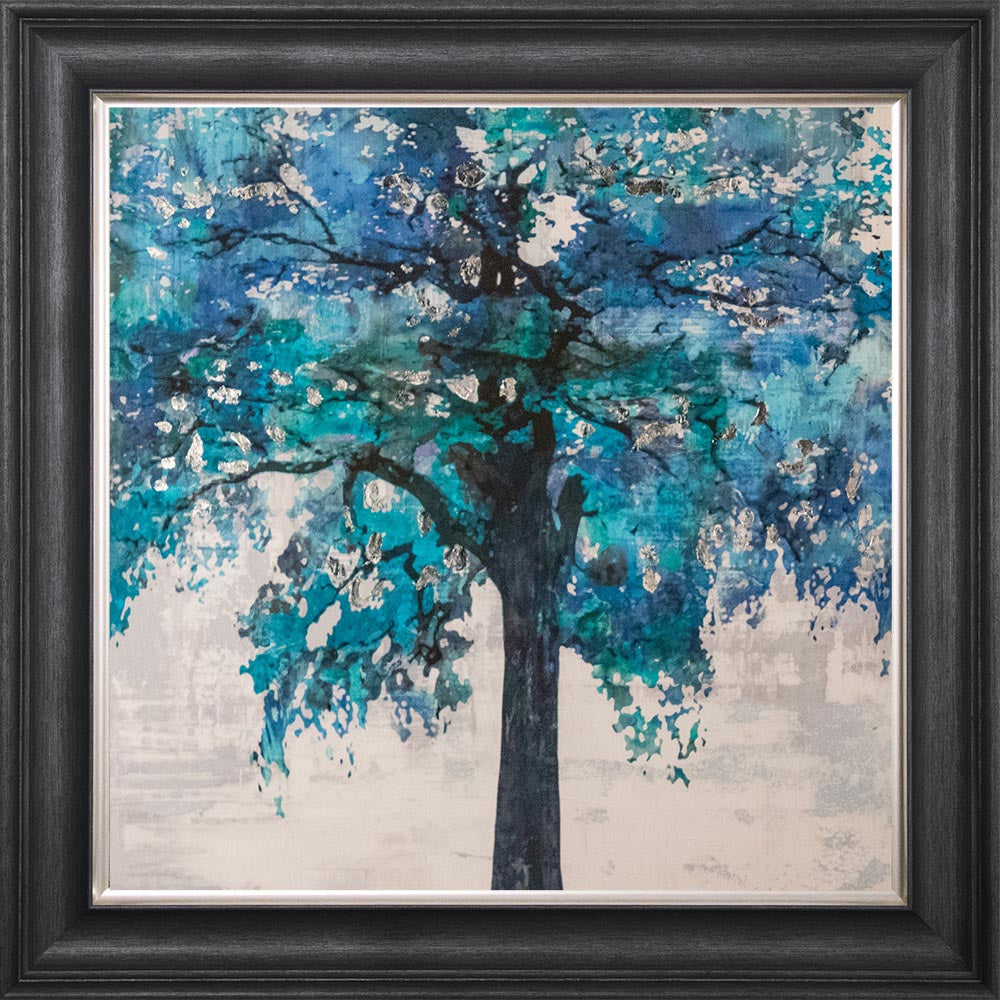 Solo Blue Tree with Silver Foil Embellishment - Framed Wall Art