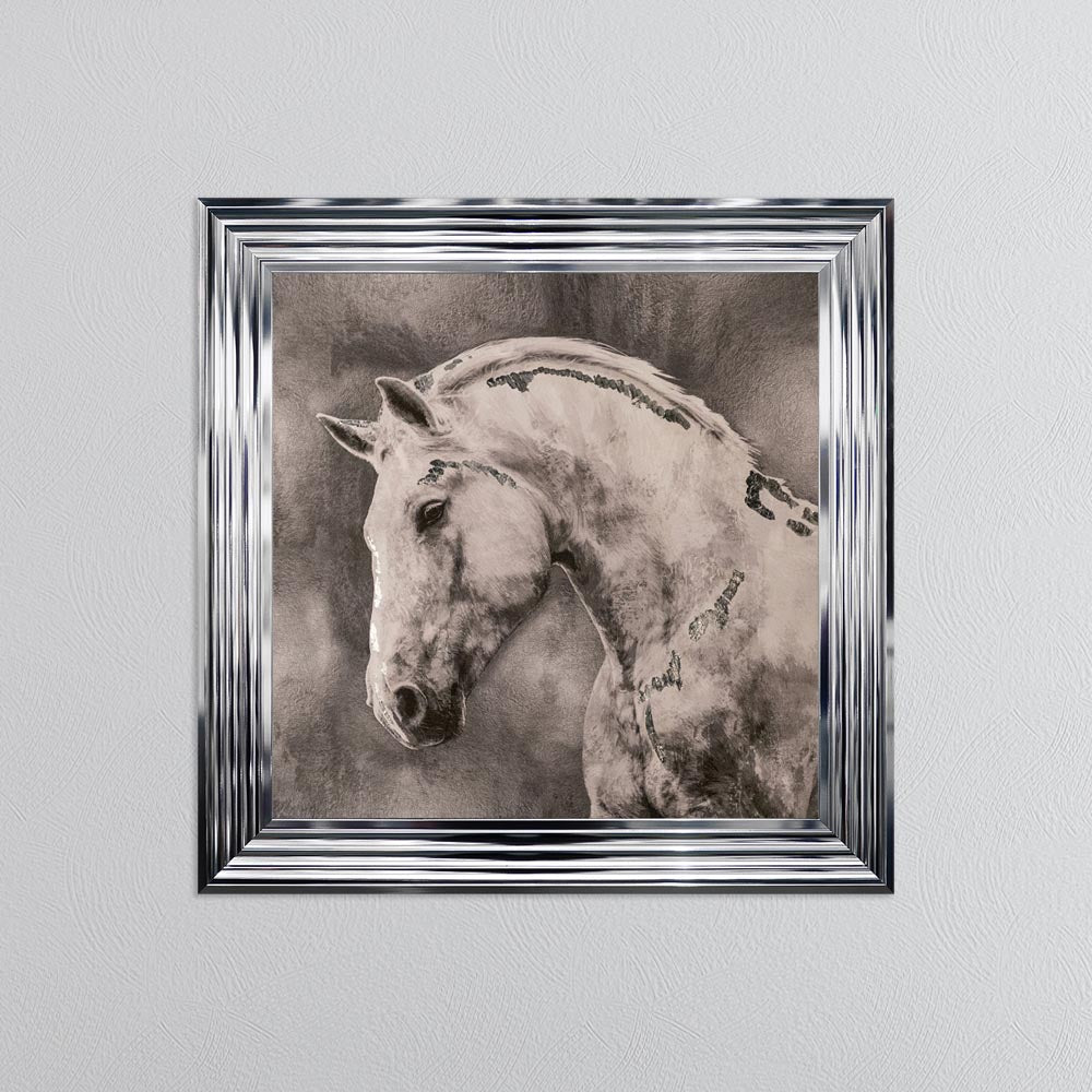 White Stallion with Silver Foil Embellishment - Framed Wall Art