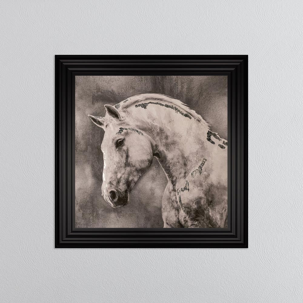 White Stallion with Silver Foil Embellishment - Framed Wall Art