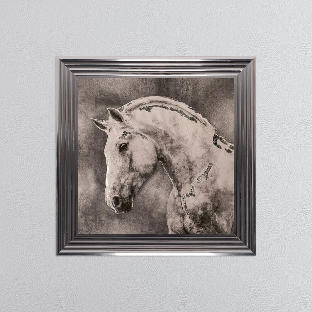 White Stallion with Silver Foil Embellishment - Framed Wall Art