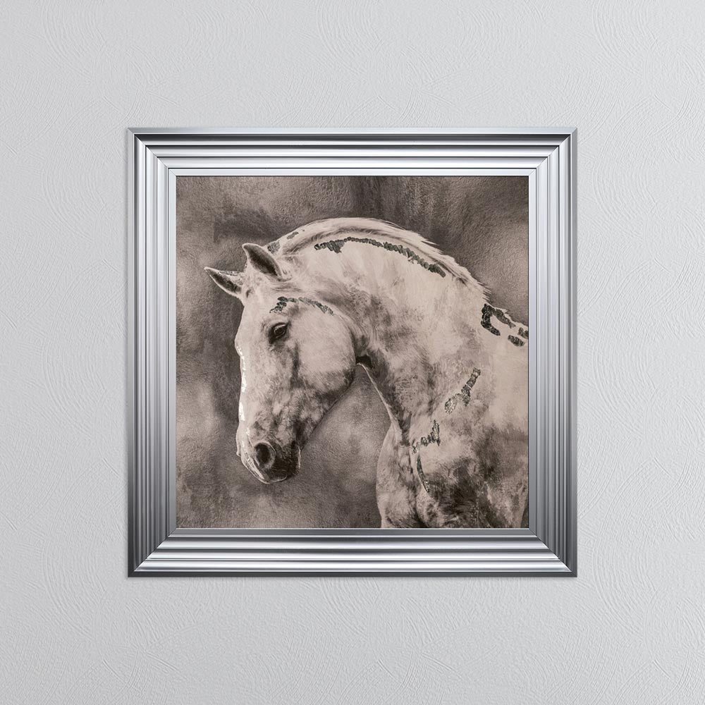 White Stallion with Silver Foil Embellishment - Framed Wall Art