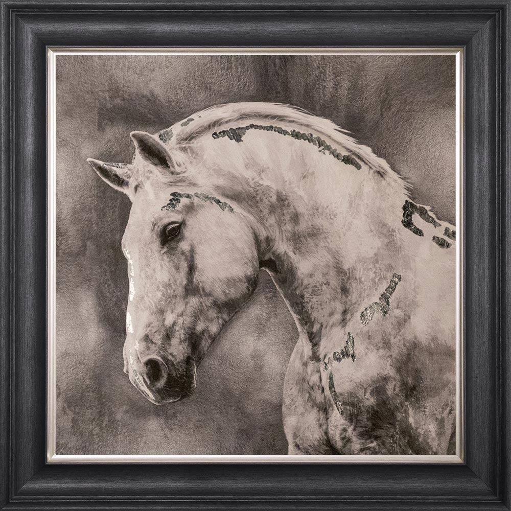White Stallion with Silver Foil Embellishment - Framed Wall Art