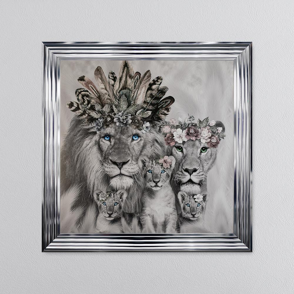 Lion Family With Three Cubs Framed Wall Art