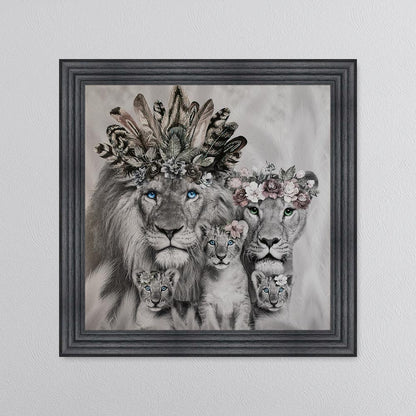 Lion Family With Three Cubs Framed Wall Art