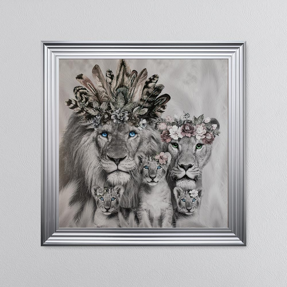 Lion Family With Three Cubs Framed Wall Art