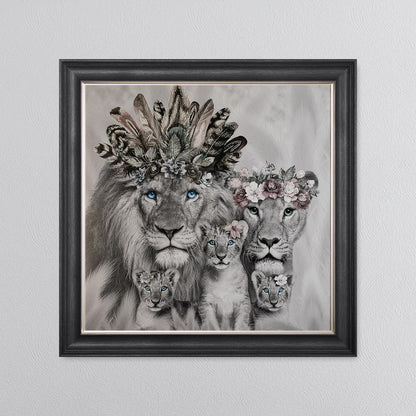 Lion Family With Three Cubs Framed Wall Art
