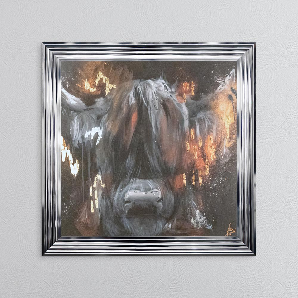 Copper Highland Cow with Multi Foil Embellishment Framed Wall Art