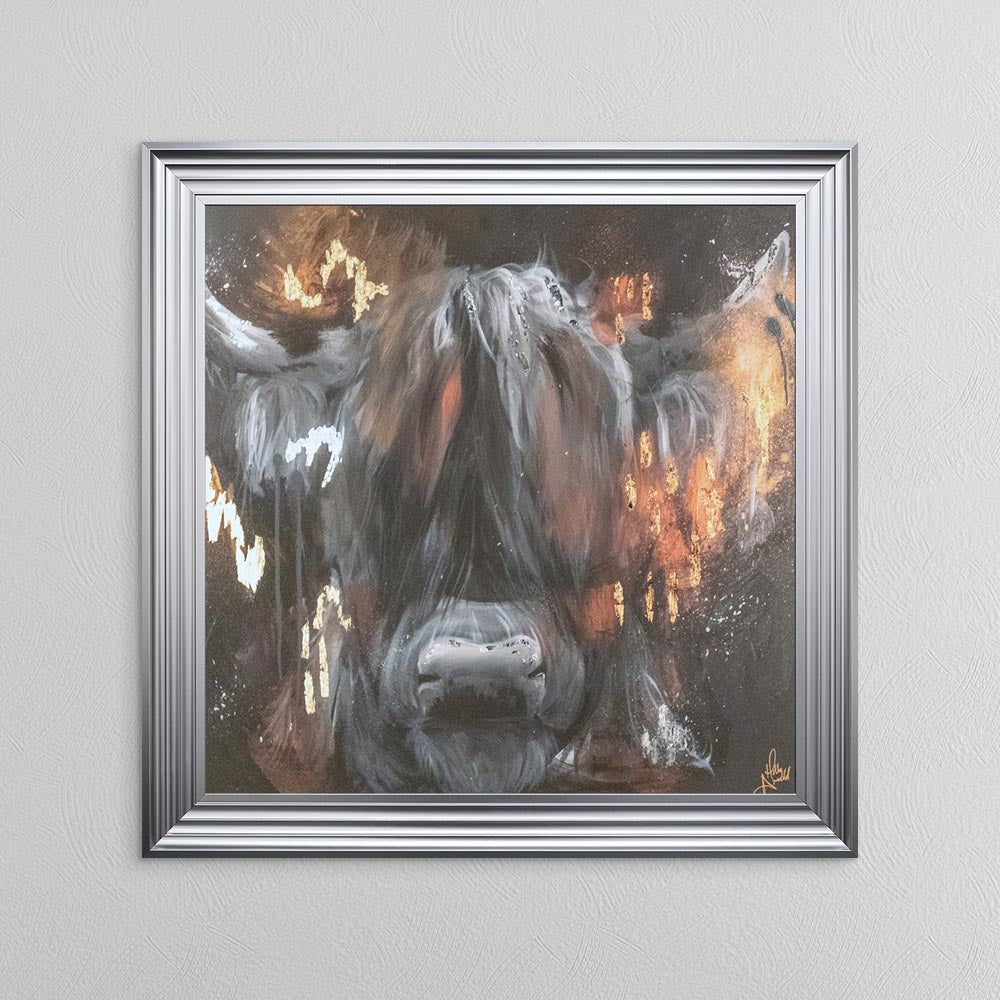 Copper Highland Cow with Multi Foil Embellishment Framed Wall Art