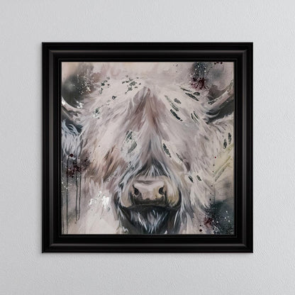 White Highland Cow with Silver Foil Embellishment - Framed Wall Art