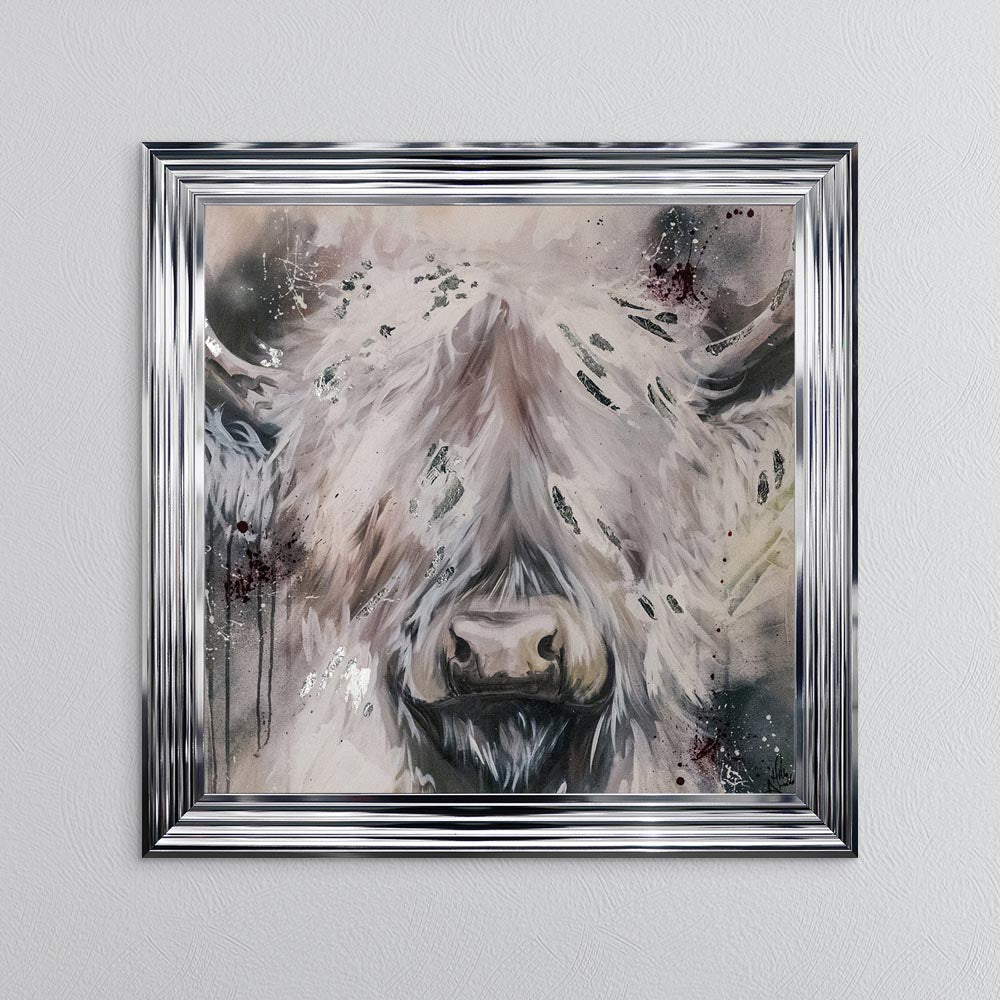 White Highland Cow with Silver Foil Embellishment - Framed Wall Art
