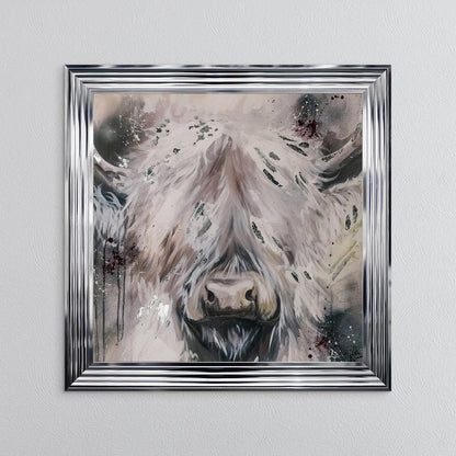 White Highland Cow with Silver Foil Embellishment - Framed Wall Art