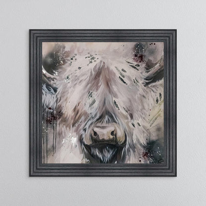 White Highland Cow with Silver Foil Embellishment - Framed Wall Art