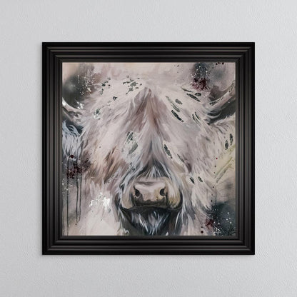White Highland Cow with Silver Foil Embellishment - Framed Wall Art