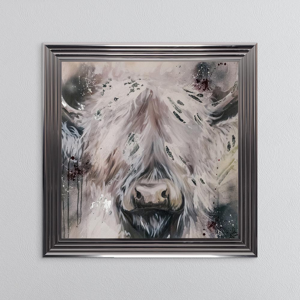 White Highland Cow with Silver Foil Embellishment - Framed Wall Art