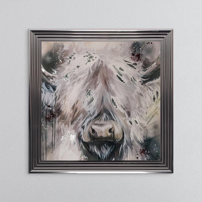 White Highland Cow with Silver Foil Embellishment - Framed Wall Art