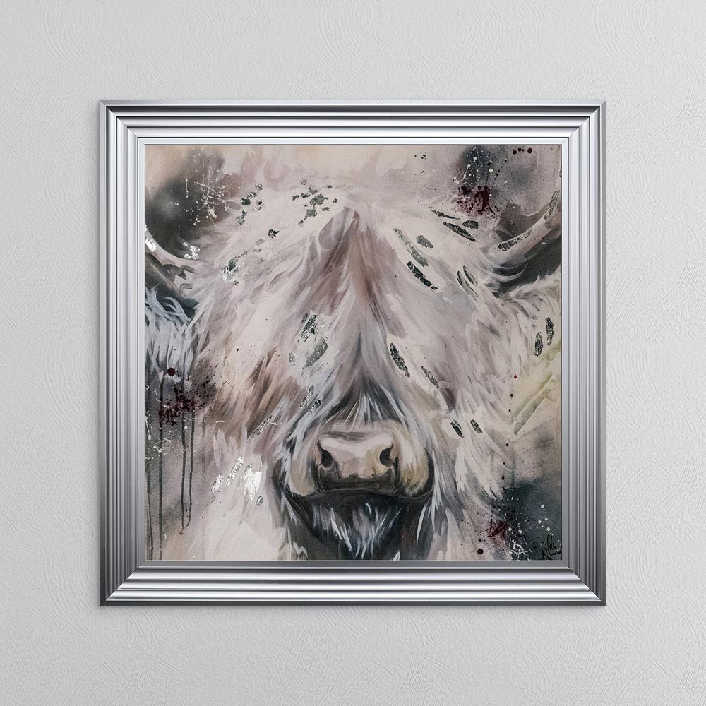 White Highland Cow with Silver Foil Embellishment - Framed Wall Art