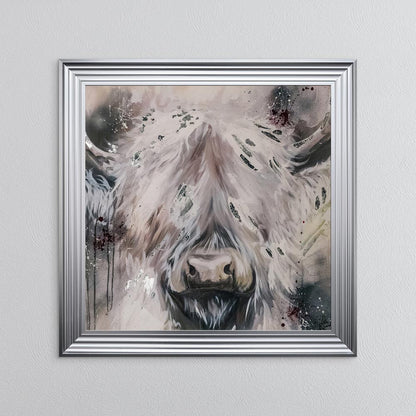 White Highland Cow with Silver Foil Embellishment - Framed Wall Art
