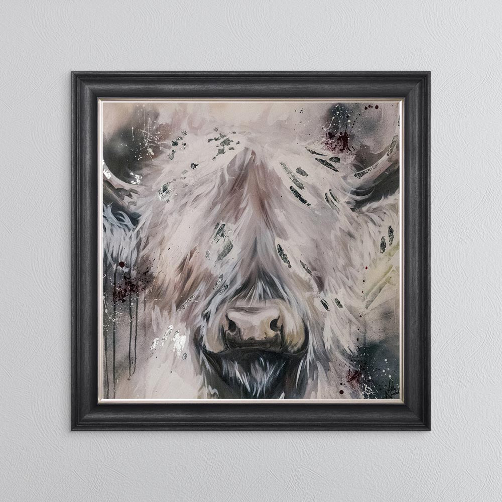 White Highland Cow with Silver Foil Embellishment - Framed Wall Art