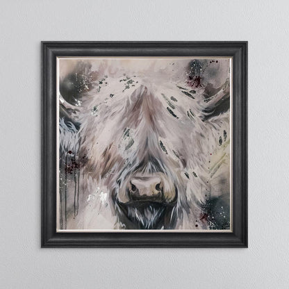 White Highland Cow with Silver Foil Embellishment - Framed Wall Art