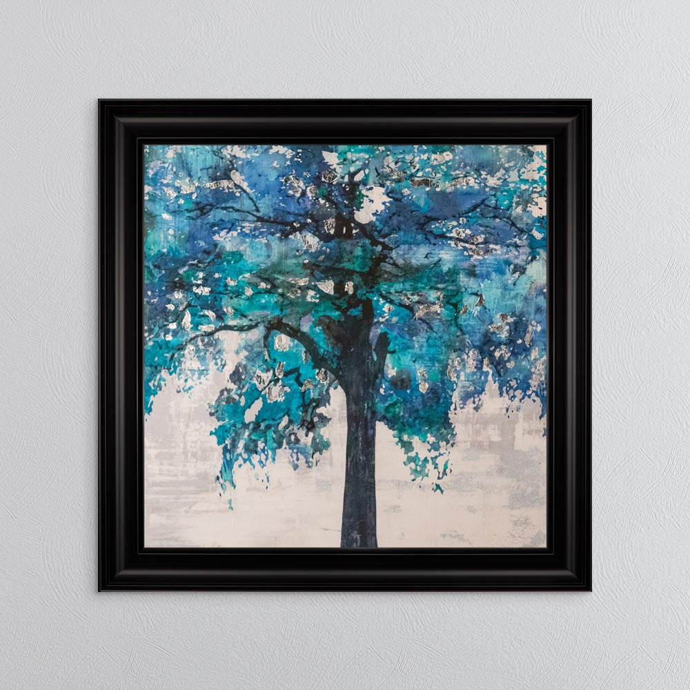Solo Blue Tree with Silver Foil Embellishment - Framed Wall Art