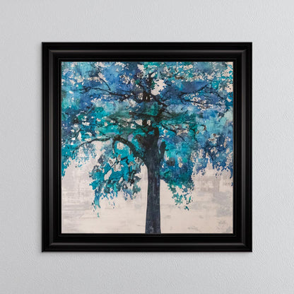 Solo Blue Tree with Silver Foil Embellishment - Framed Wall Art