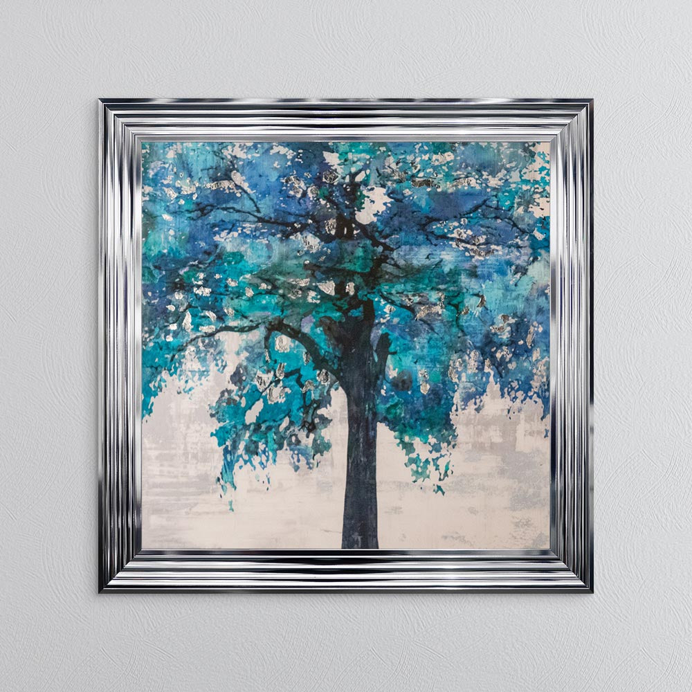 Solo Blue Tree with Silver Foil Embellishment - Framed Wall Art
