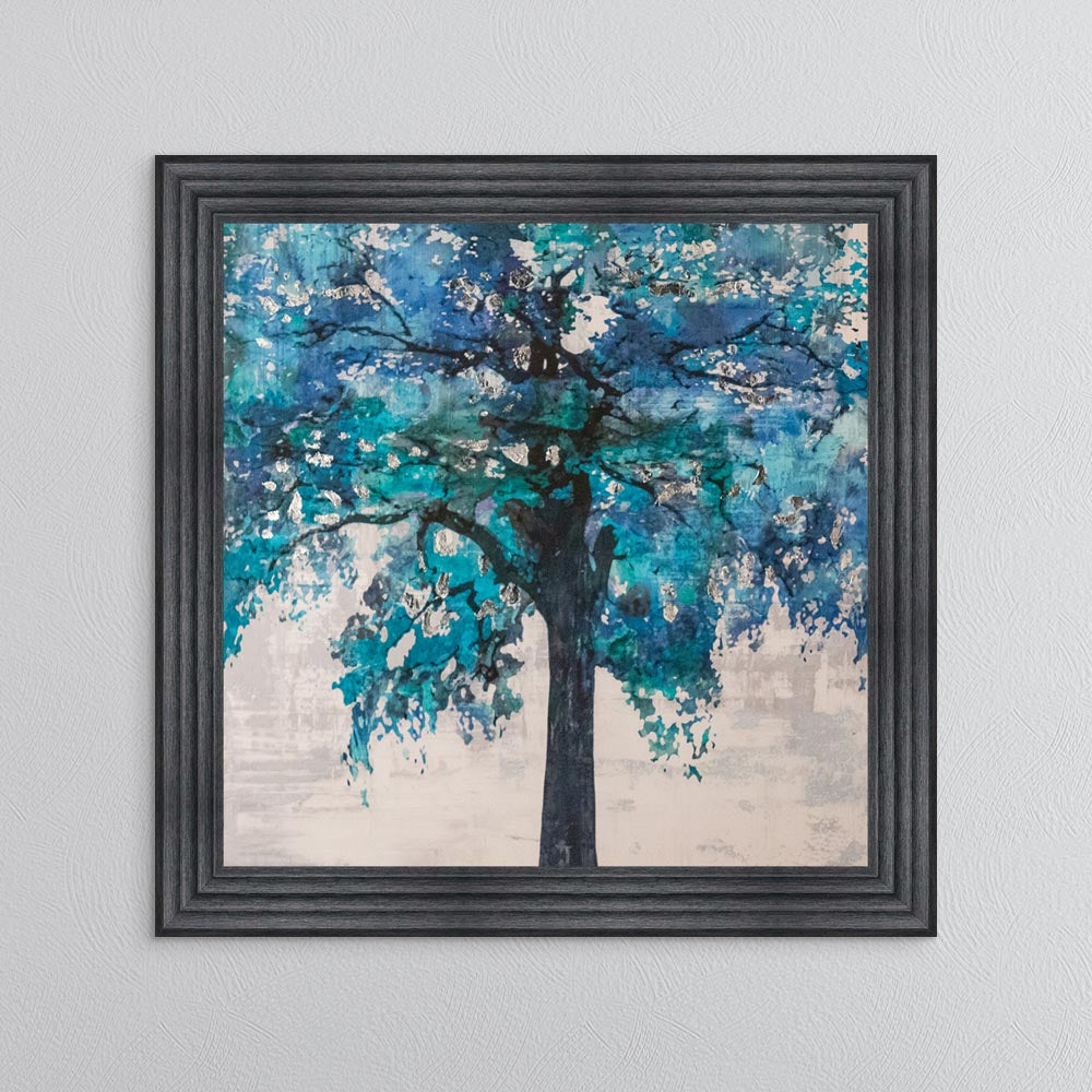 Solo Blue Tree with Silver Foil Embellishment - Framed Wall Art