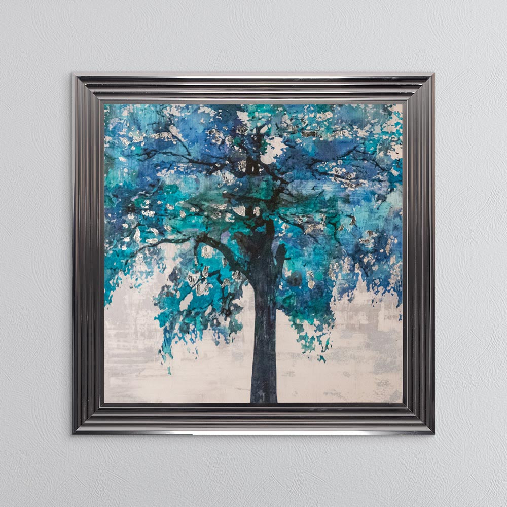 Solo Blue Tree with Silver Foil Embellishment - Framed Wall Art