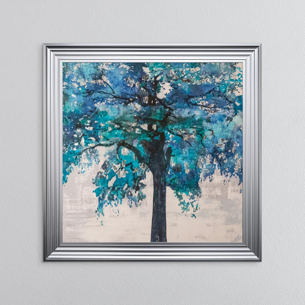 Solo Blue Tree with Silver Foil Embellishment - Framed Wall Art