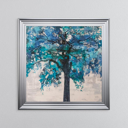 Solo Blue Tree with Silver Foil Embellishment - Framed Wall Art