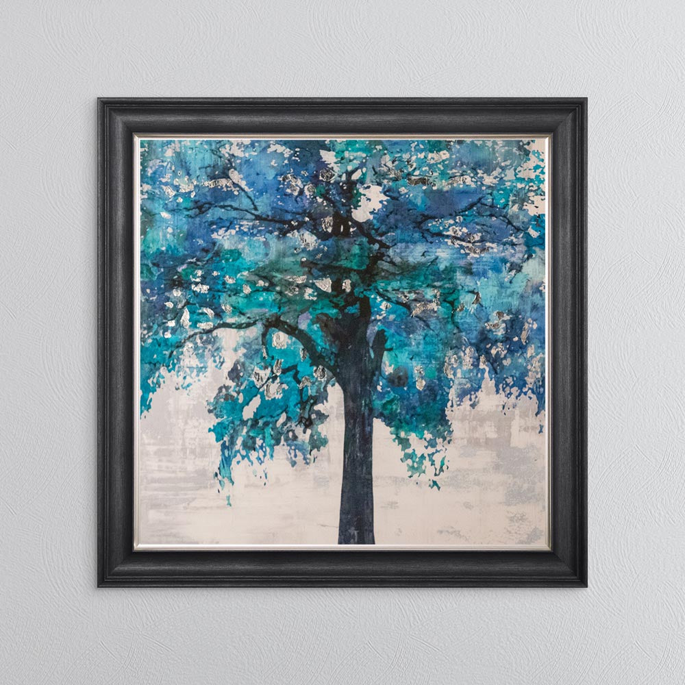 Solo Blue Tree with Silver Foil Embellishment - Framed Wall Art