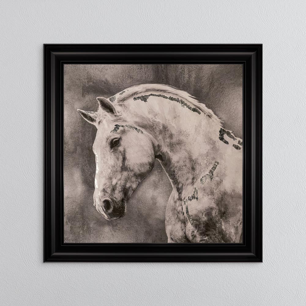 White Stallion with Silver Foil Embellishment - Framed Wall Art