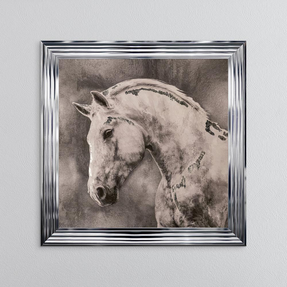 White Stallion with Silver Foil Embellishment - Framed Wall Art