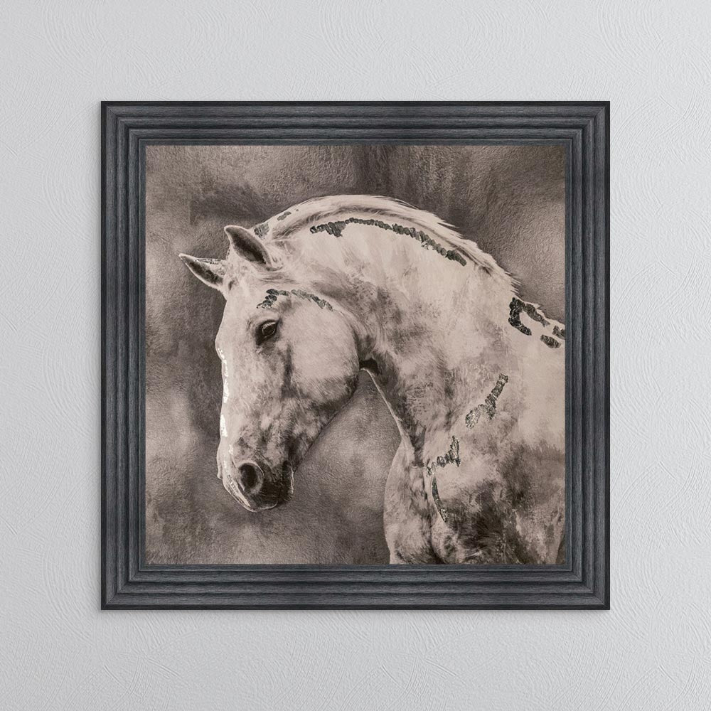 White Stallion with Silver Foil Embellishment - Framed Wall Art
