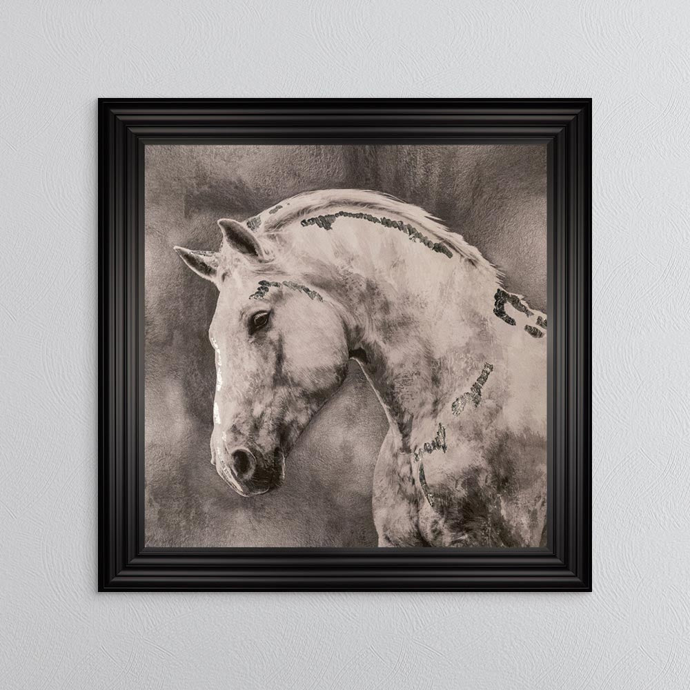 White Stallion with Silver Foil Embellishment - Framed Wall Art