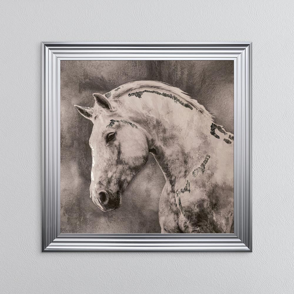 White Stallion with Silver Foil Embellishment - Framed Wall Art