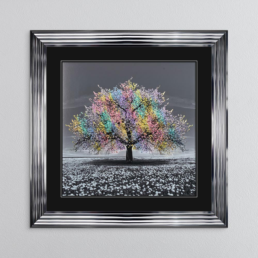 Multicoloured Cherry Tree with Black Mount Framed Wall Art