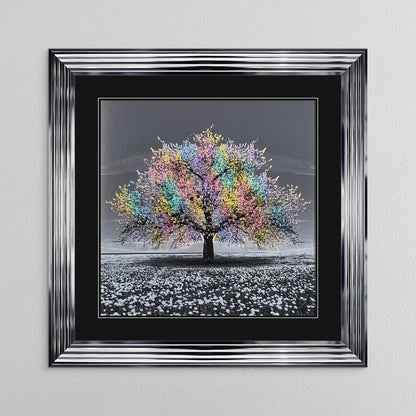 Multicoloured Cherry Tree with Black Mount Framed Wall Art
