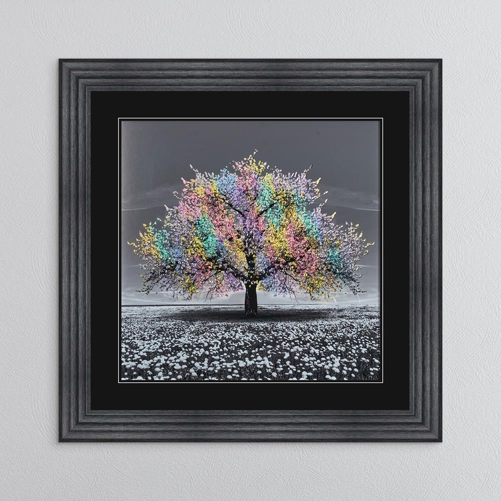 Multicoloured Cherry Tree with Black Mount Framed Wall Art